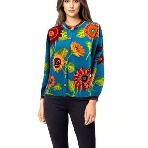Design Options by Philip Jane Gordon Women's Sweater Blue Flowers Cardigan Large